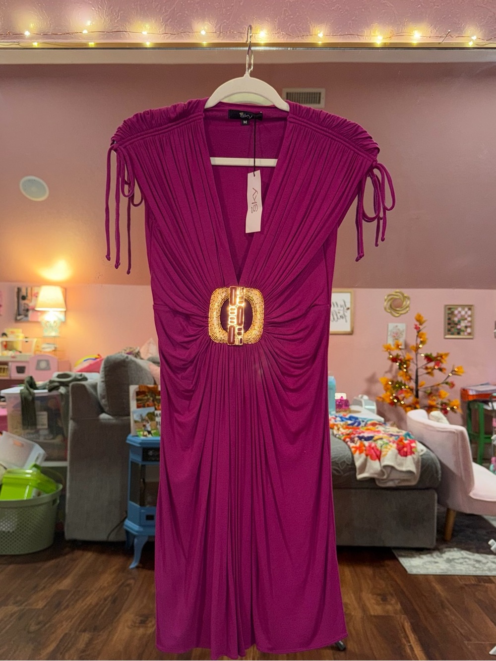 Magenta Fuchsia Vintage y2k gold buckle ruched mini dress